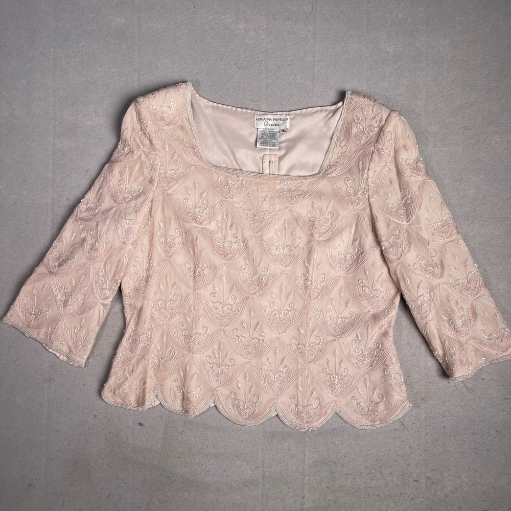 Adrianna‎ Papell Occasions Silk Beaded Embellished Top Party Cocktail Blouse 16